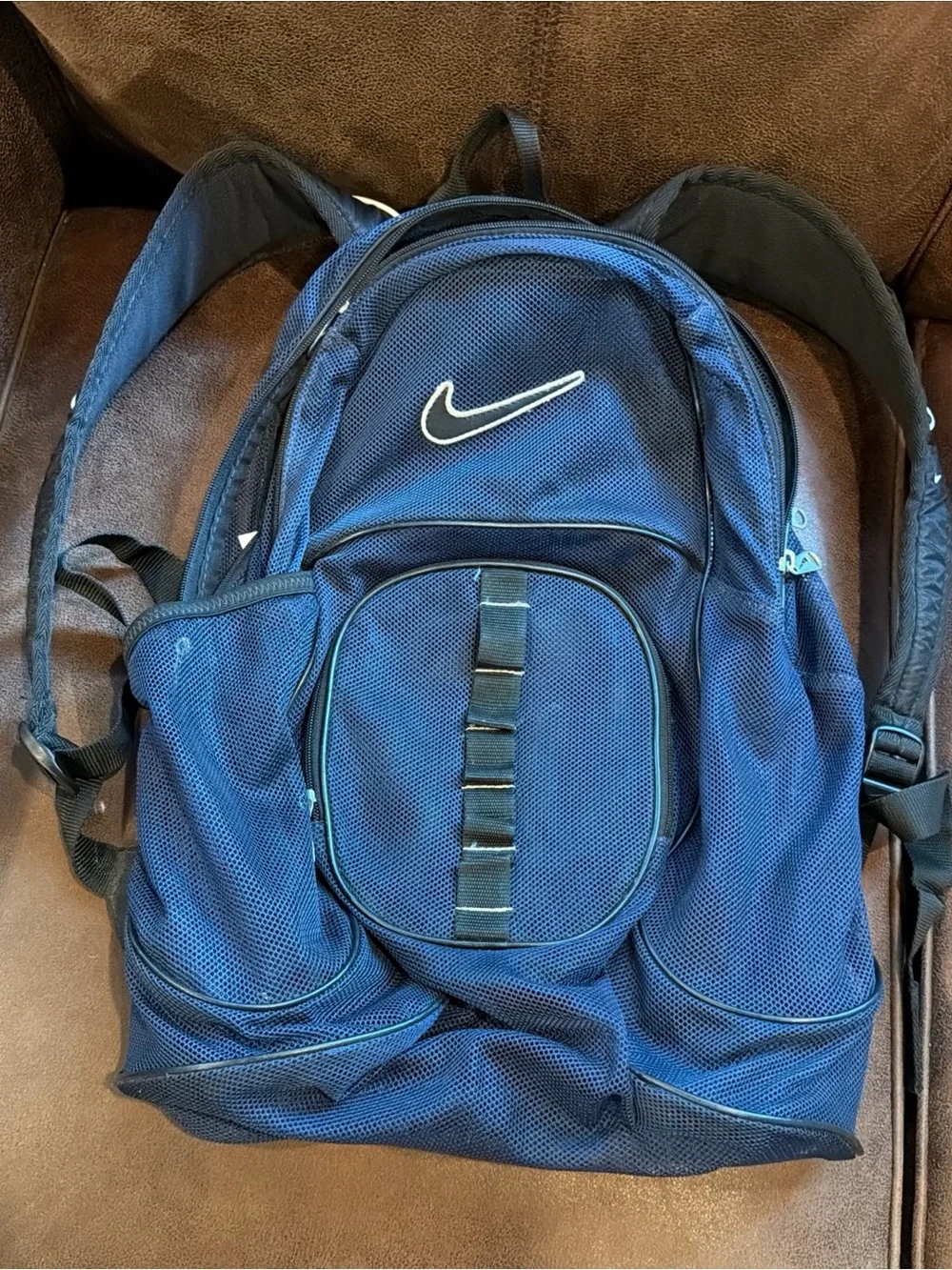 Nike MESH Backpack BAG Blue Black Swoosh Sports Basketball 19”x13” pockets beach